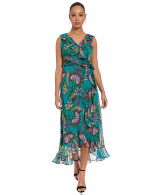 Women's Side Tie Ruffle Wrap High-Low Floral-Print Dress
