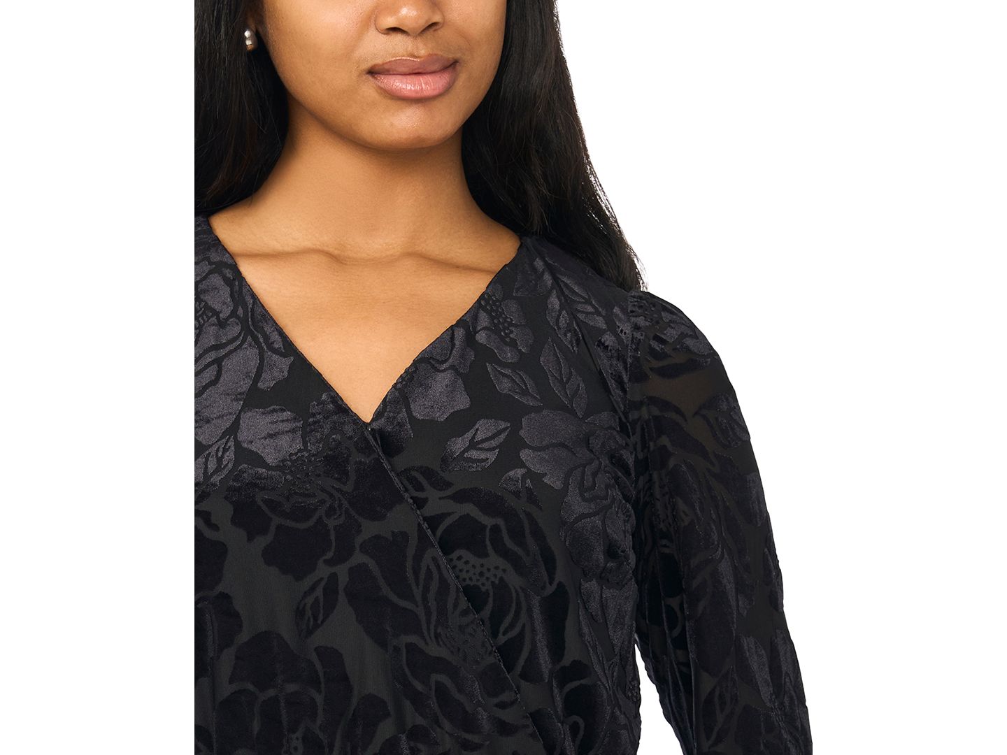 Женское платье MSK Floral Long-Sleeve Velvet Burnout V-Neck Wrap Maxi, цвет: Чёрный — фото 4