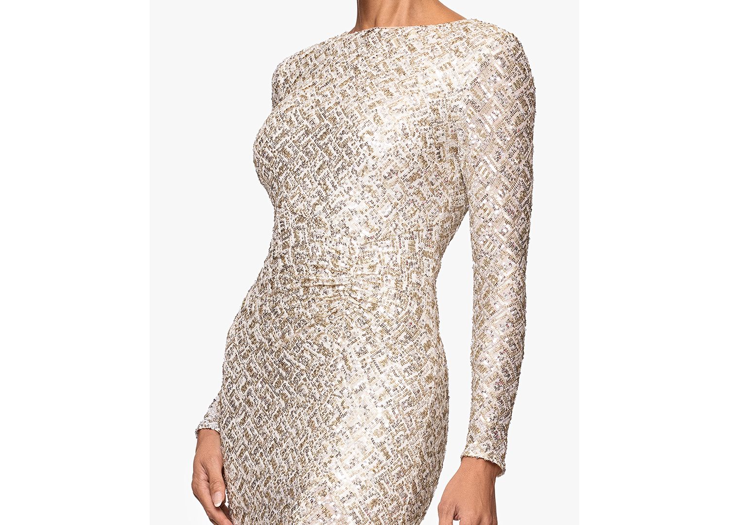 Petite Allover-Sequin Boat-Neck Long-Sleeve Dress