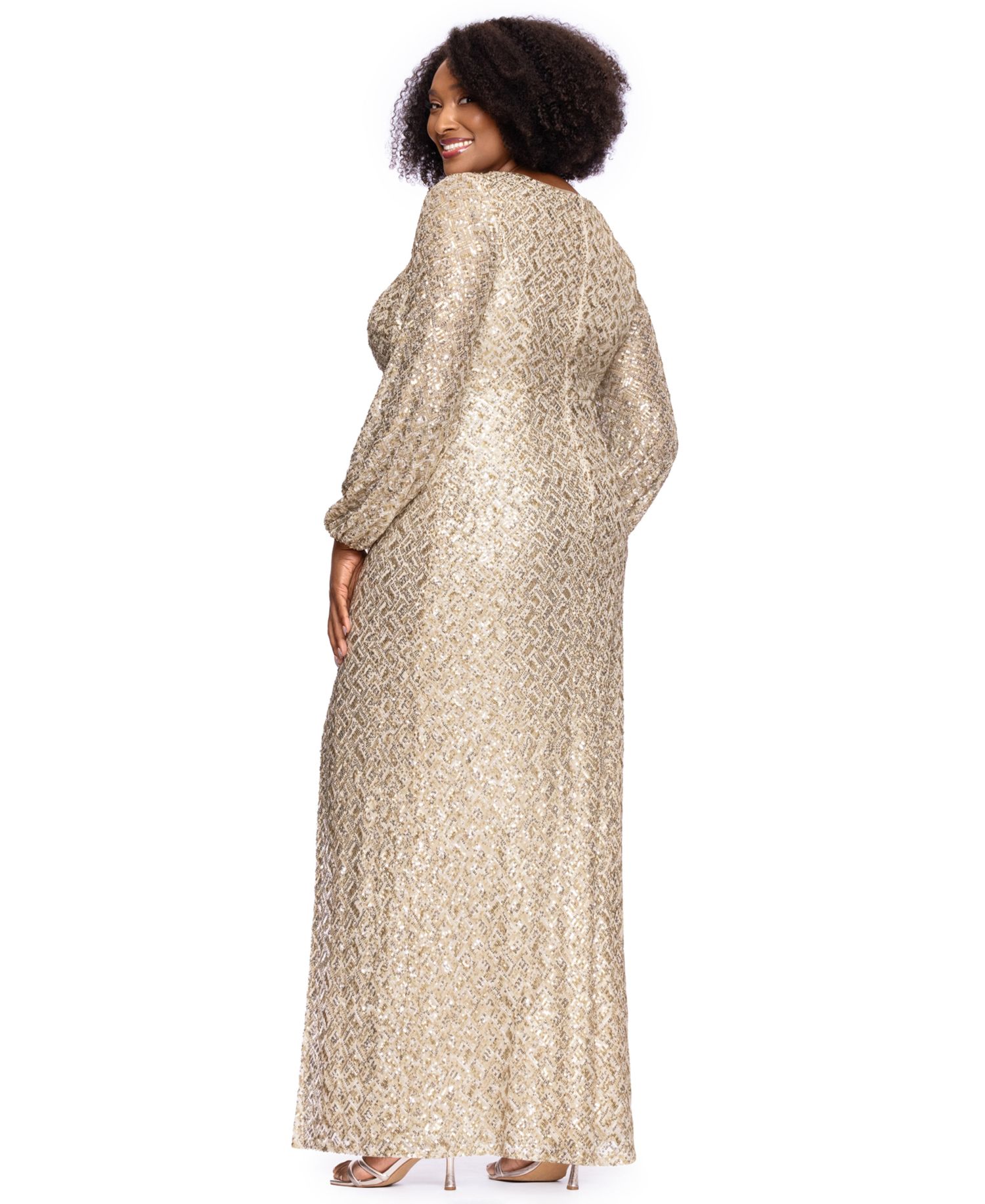Plus Size Allover-Sequin Keyhole Long-Sleeve Gown