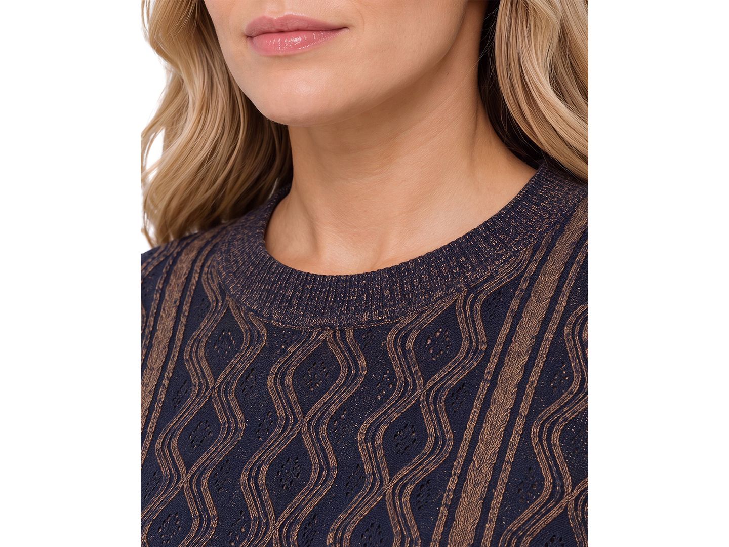 Женский свитер Liverpool Los Angeles Cable-Knit Diamond-Pattern Crewneck, цвет: Тёмно-синий / Коричневый — фото 2