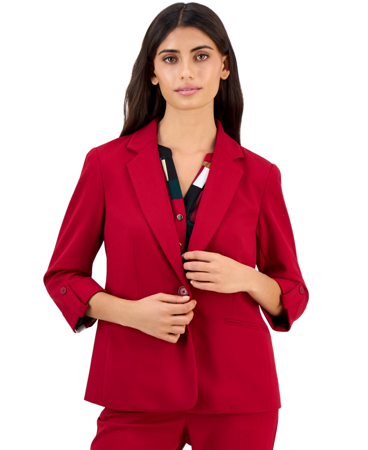 Ak Anne Klein Petite 3/4-Sleeve One-Button Blazer - Titan Red