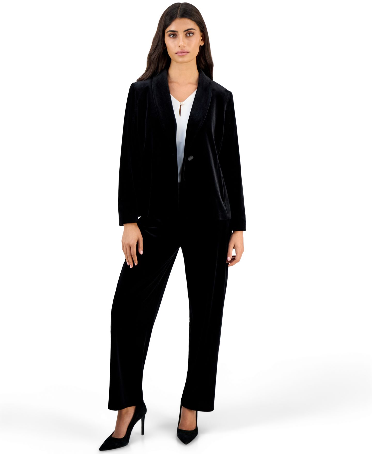 Женский бархатный жакет Anne Klein Essentials на одной пуговице, для невысоких, цвет: Чёрный — фото 3