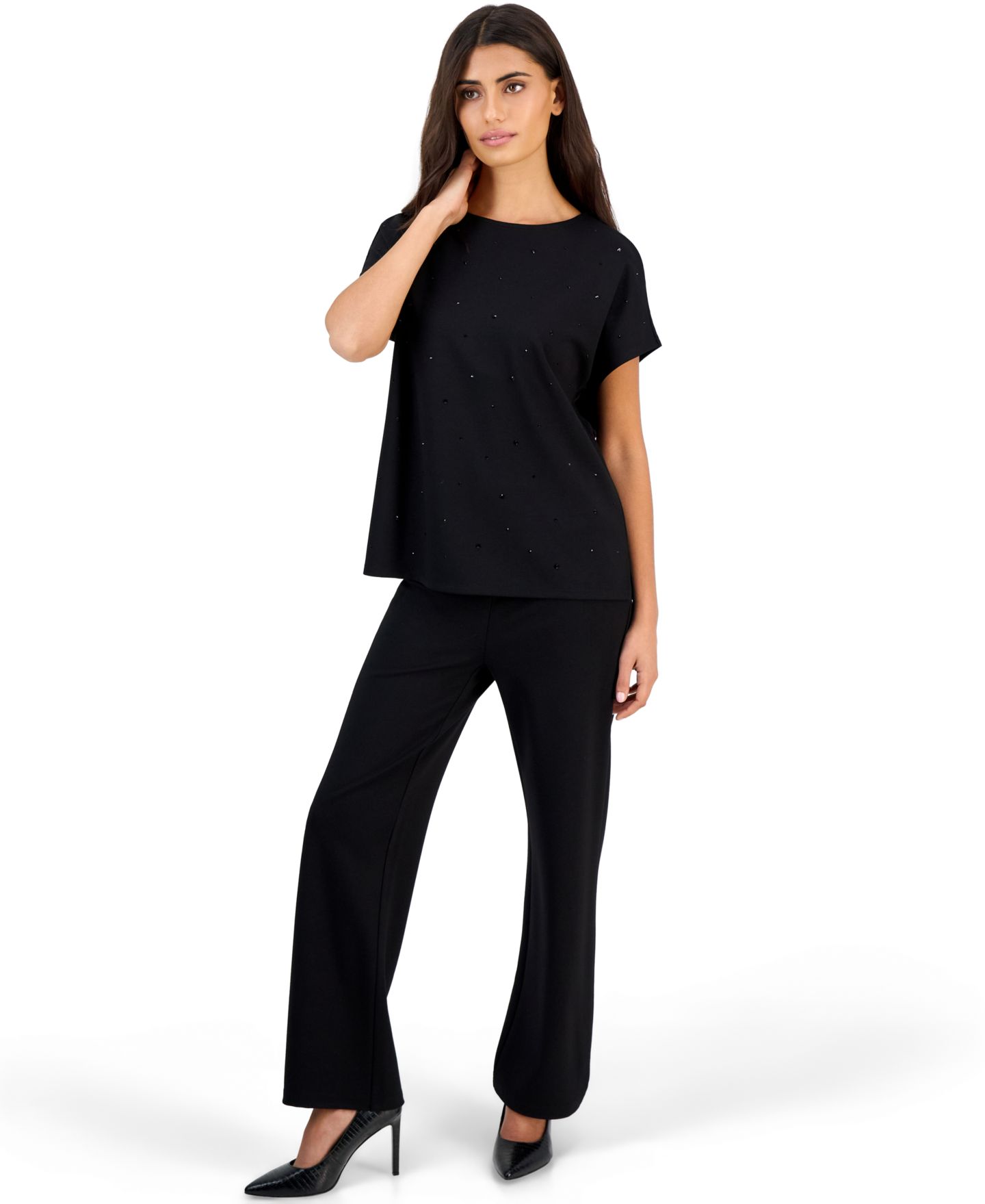 Женская футболка Anne Klein Essentials Serenity с вырезом-лодочкой, для невысоких, цвет: Чёрный — фото 2