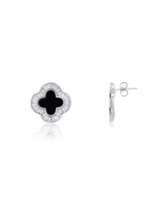 Large Onyx CZ Clover Stud Earrings 14K Gold-Plated Sterling Silver