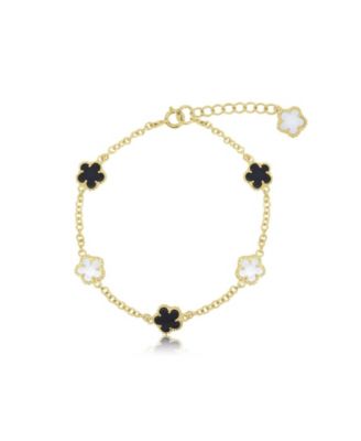 Mother of Pearl and Onyx Spring Flower Bracelet 14K Gold-Plated Sterling Silver