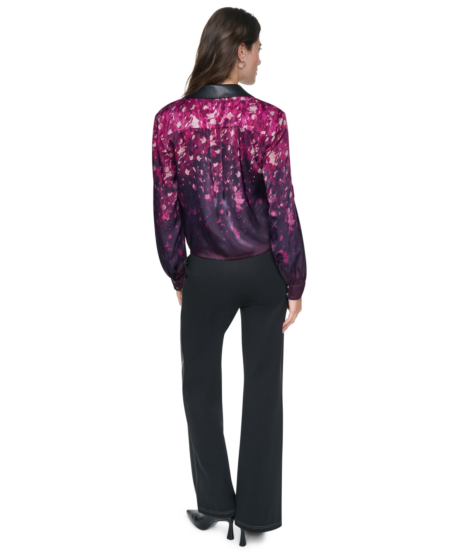 Women's Long-Sleeve Button-Down Faux Leather Collar Blouse