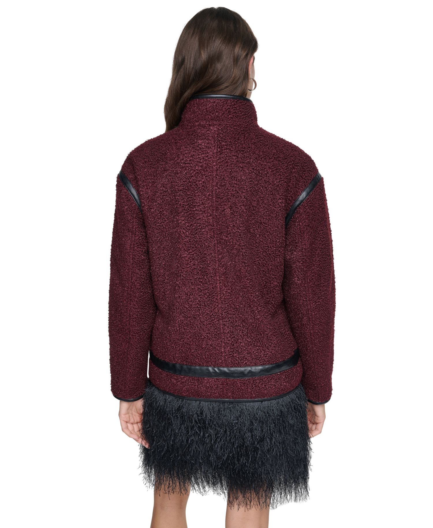 Women's Boucle Short Jacket with PU Trim