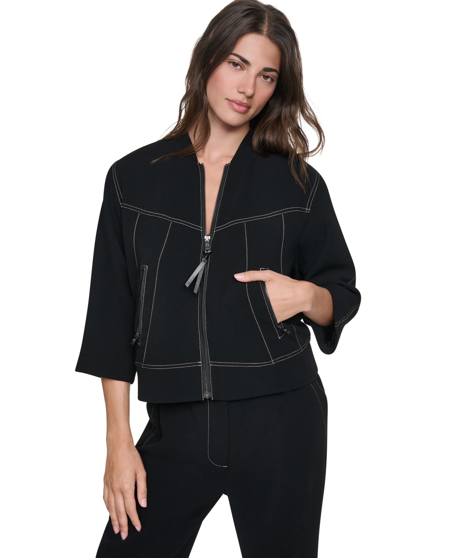 Women's 3/4-Sleeve Contrast-Stitch Cropped Jacket