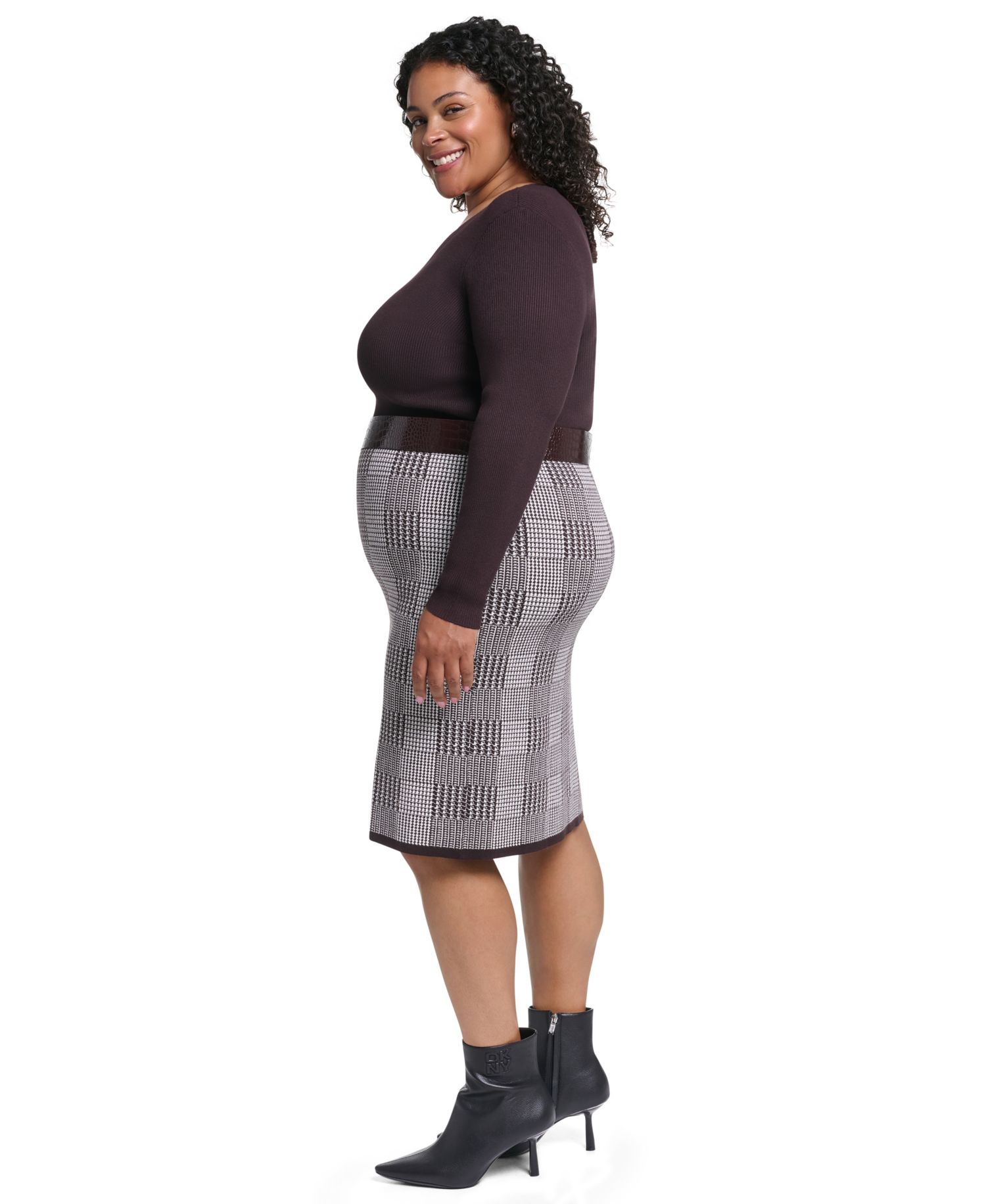 Plus Size Houndstooth-Plaid V-Neck Long-Sleeve Dress