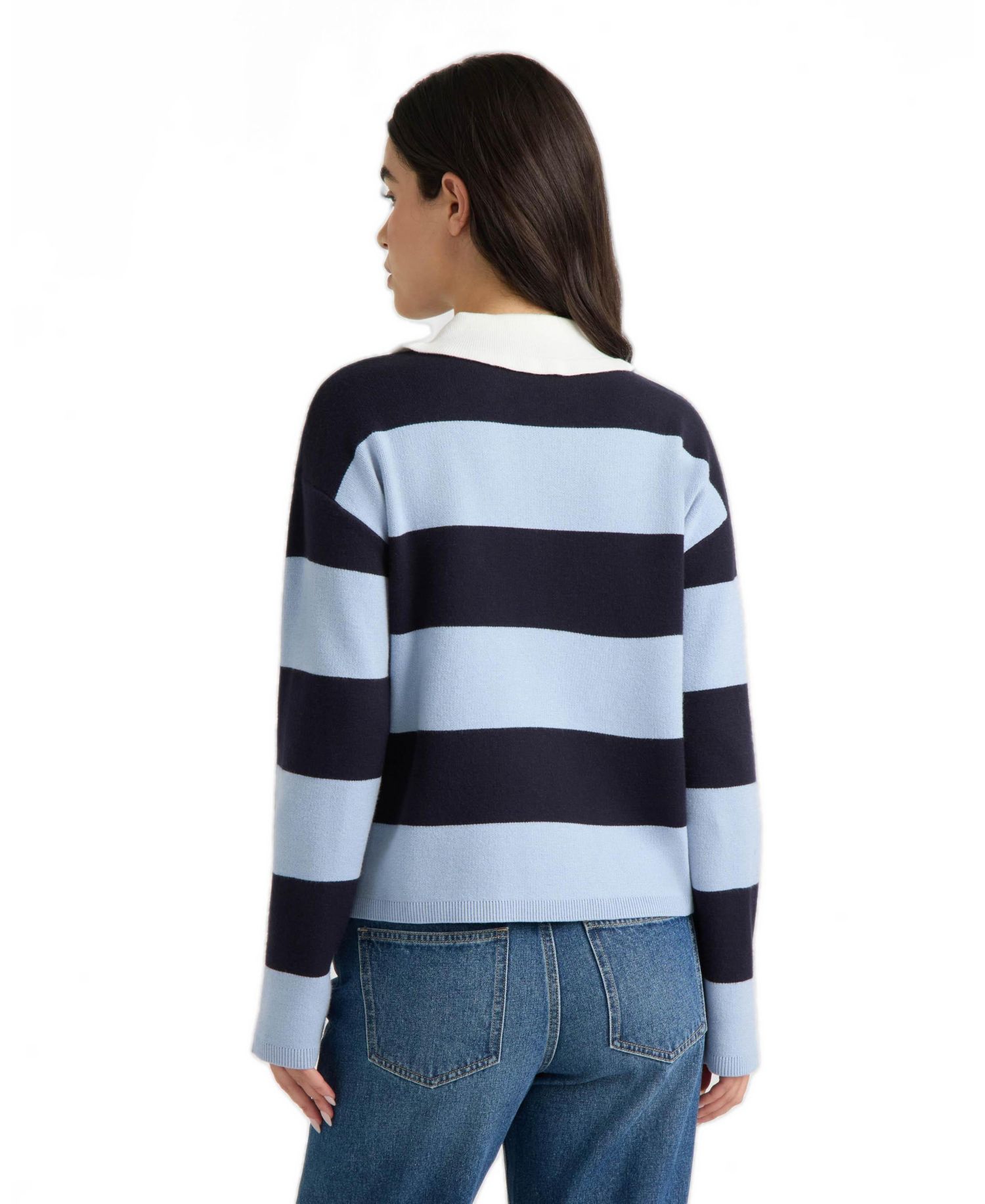 Women's Rugby-Stripe Ruffled Polo-Collar Sweater