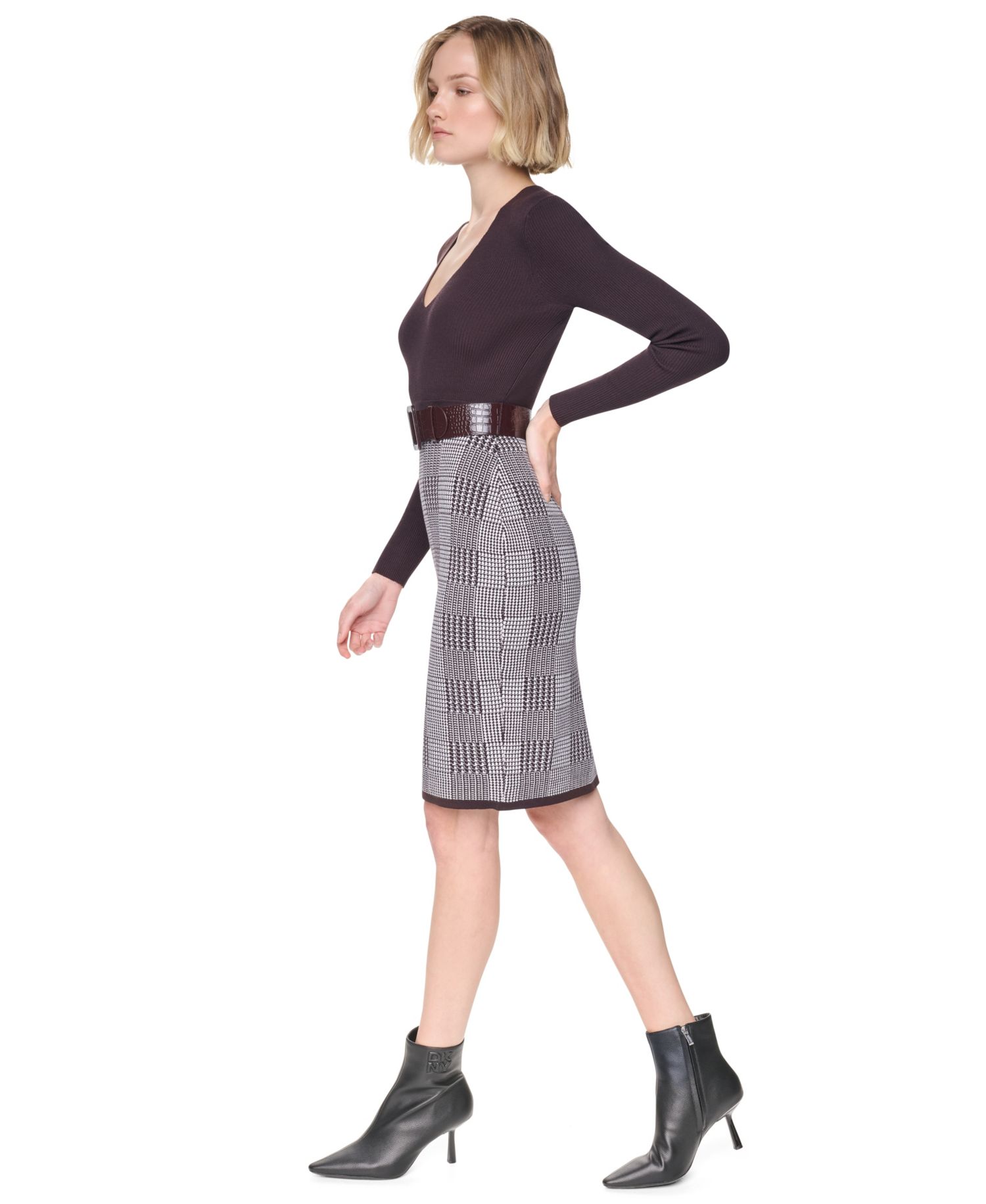 Women's Houndstooth Plaid V-Neck Long-Sleeve Sweater Dress