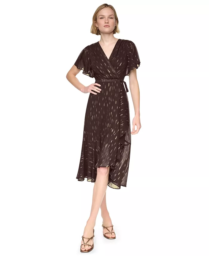 Women's Flutter-Sleeve Ruffle V-Neck Midi Dress
