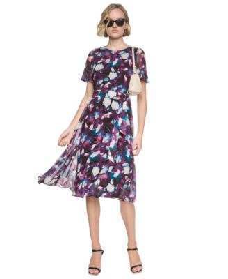 Women's Floral-Print A-Line Godet Sleeve Midi Dress