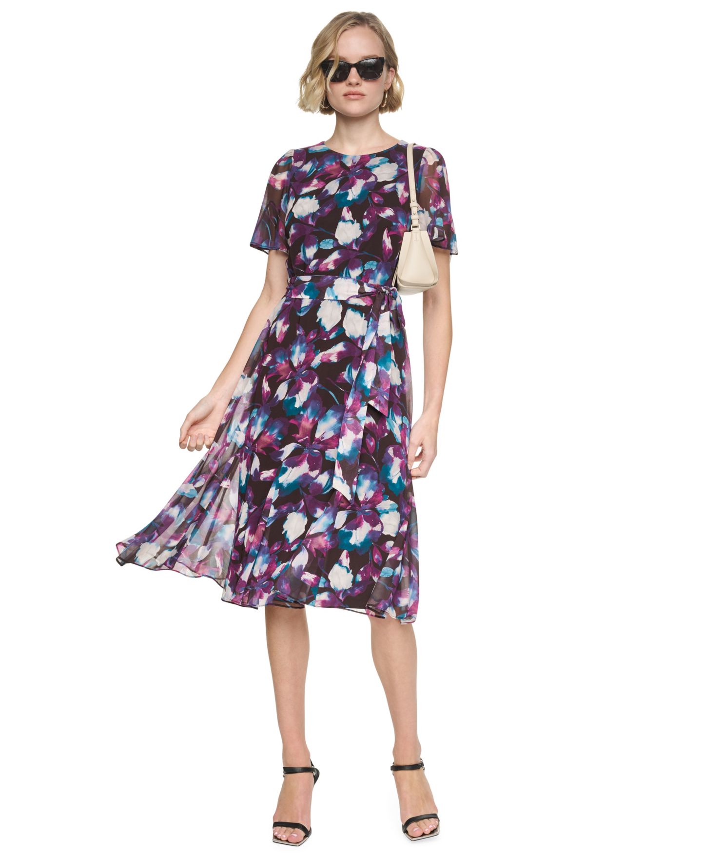 Женское платье DKNY Floral-Print A-Line Godet Sleeve Midi, цвет: Шоколадный сливовый / Кипарисовый — фото 1