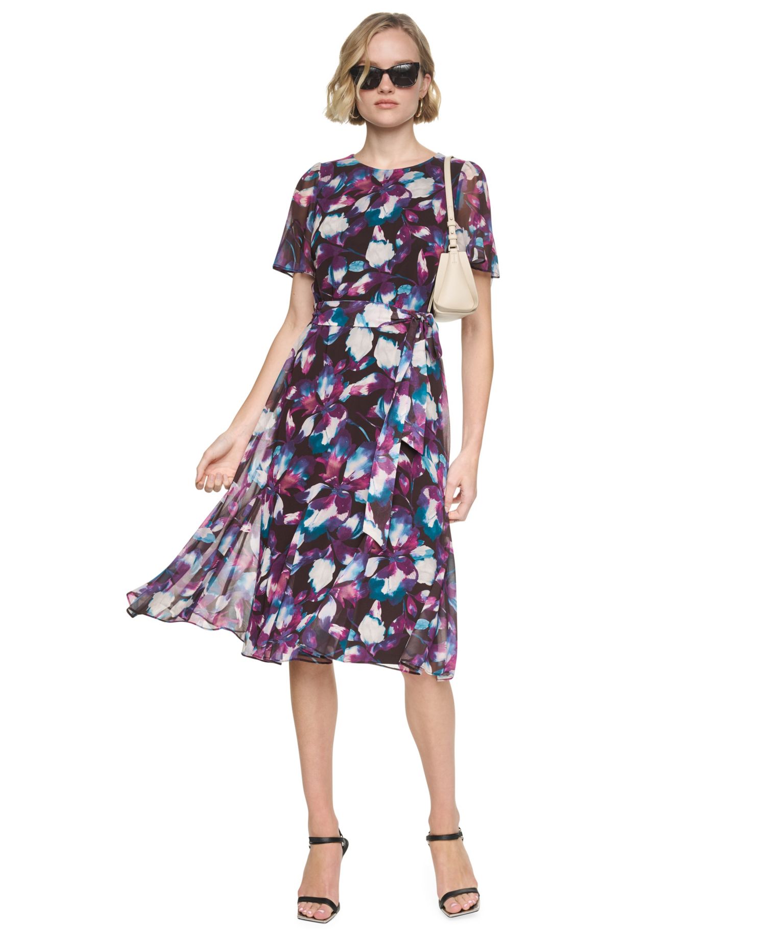 Women's Floral-Print A-Line Godet Sleeve Midi Dress