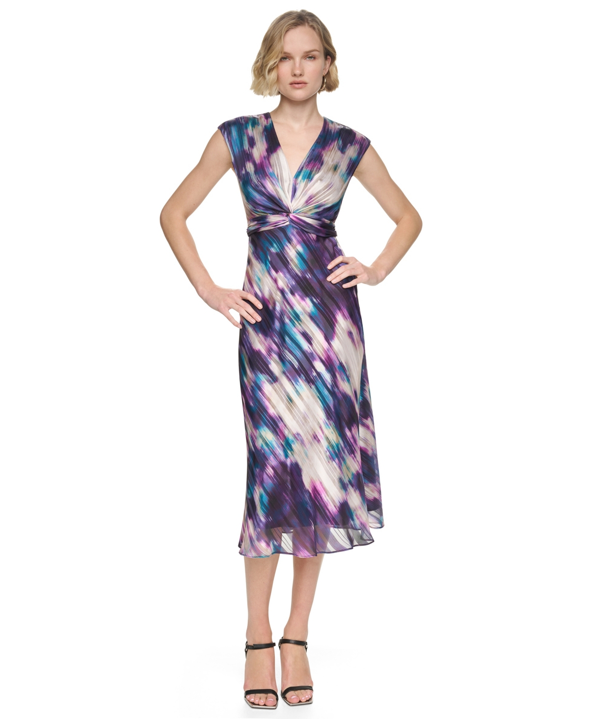 Dkny Women's Sleeveless V-Neck Knot-Front A-Line Midi Dress