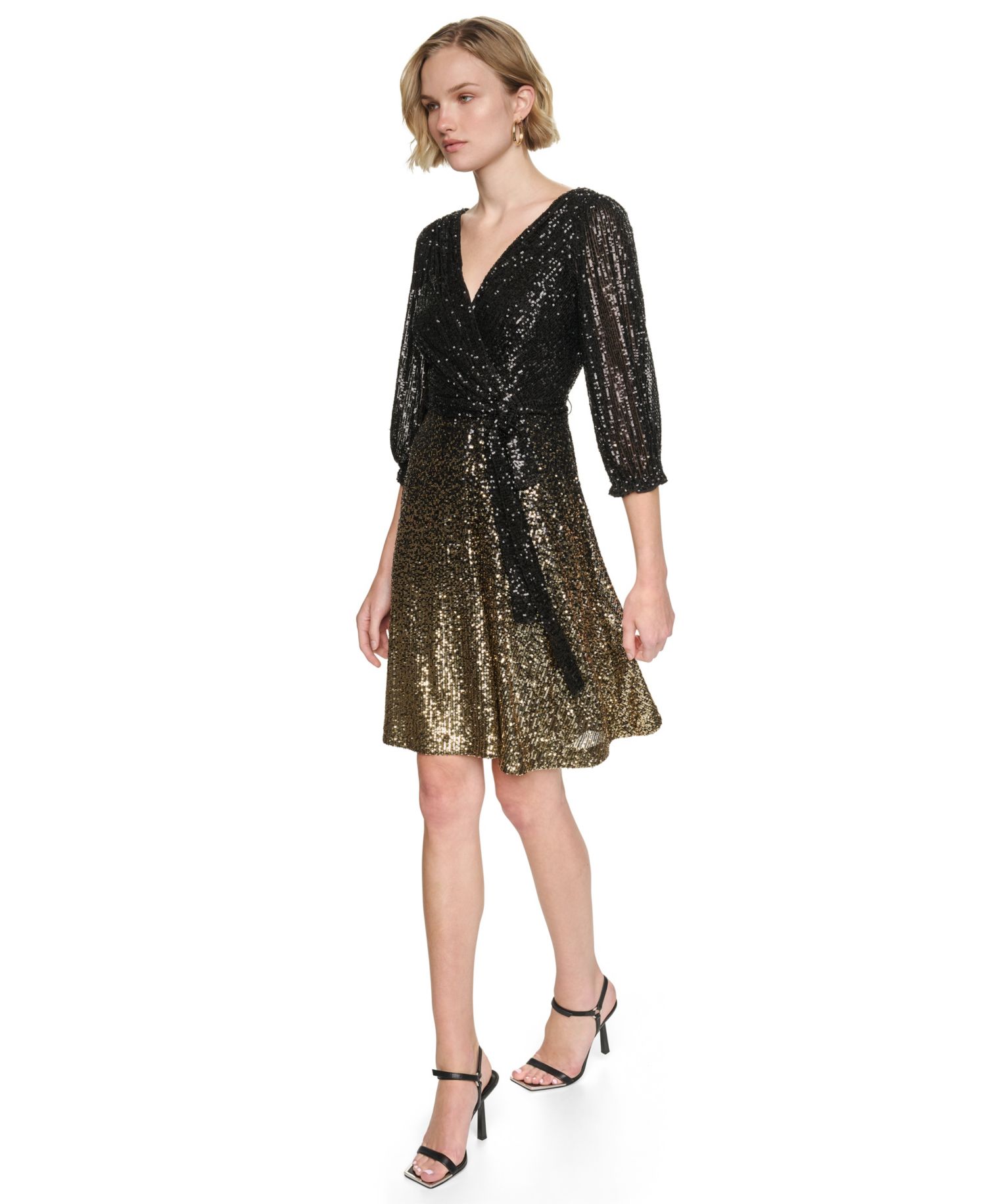 Women's Ombre Sequin Wrap 3/4 Balloon-Sleeve V-Neck Dress