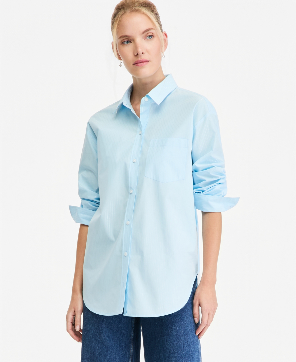 On 34th Women's Lurex-Stripe Oversized Button-Down Top, Macy's Exclusive - Baby Blue Tie