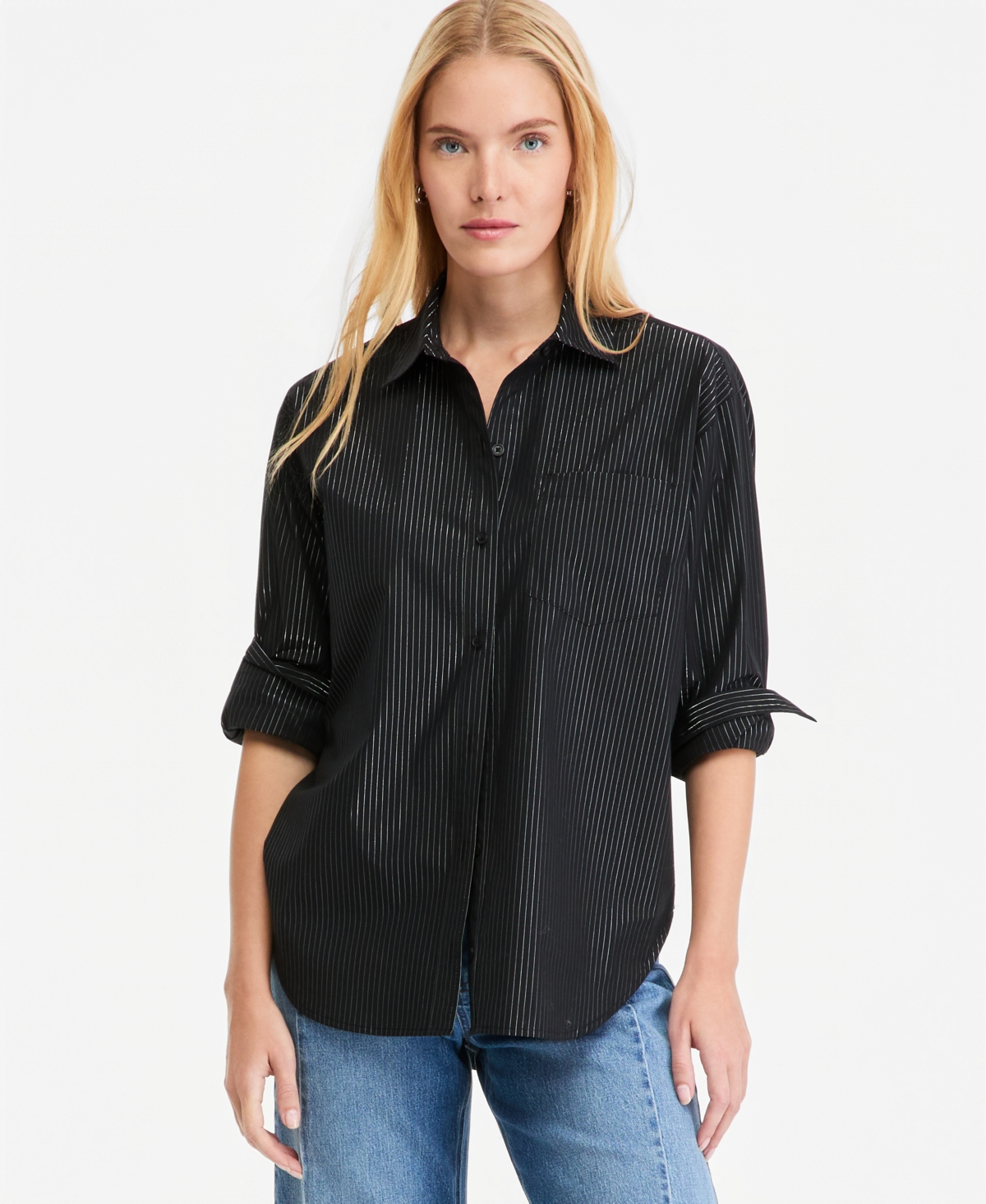 On 34th Women's Lurex-Stripe Oversized Button-Down Top, Macy's Exclusive - Deep Black