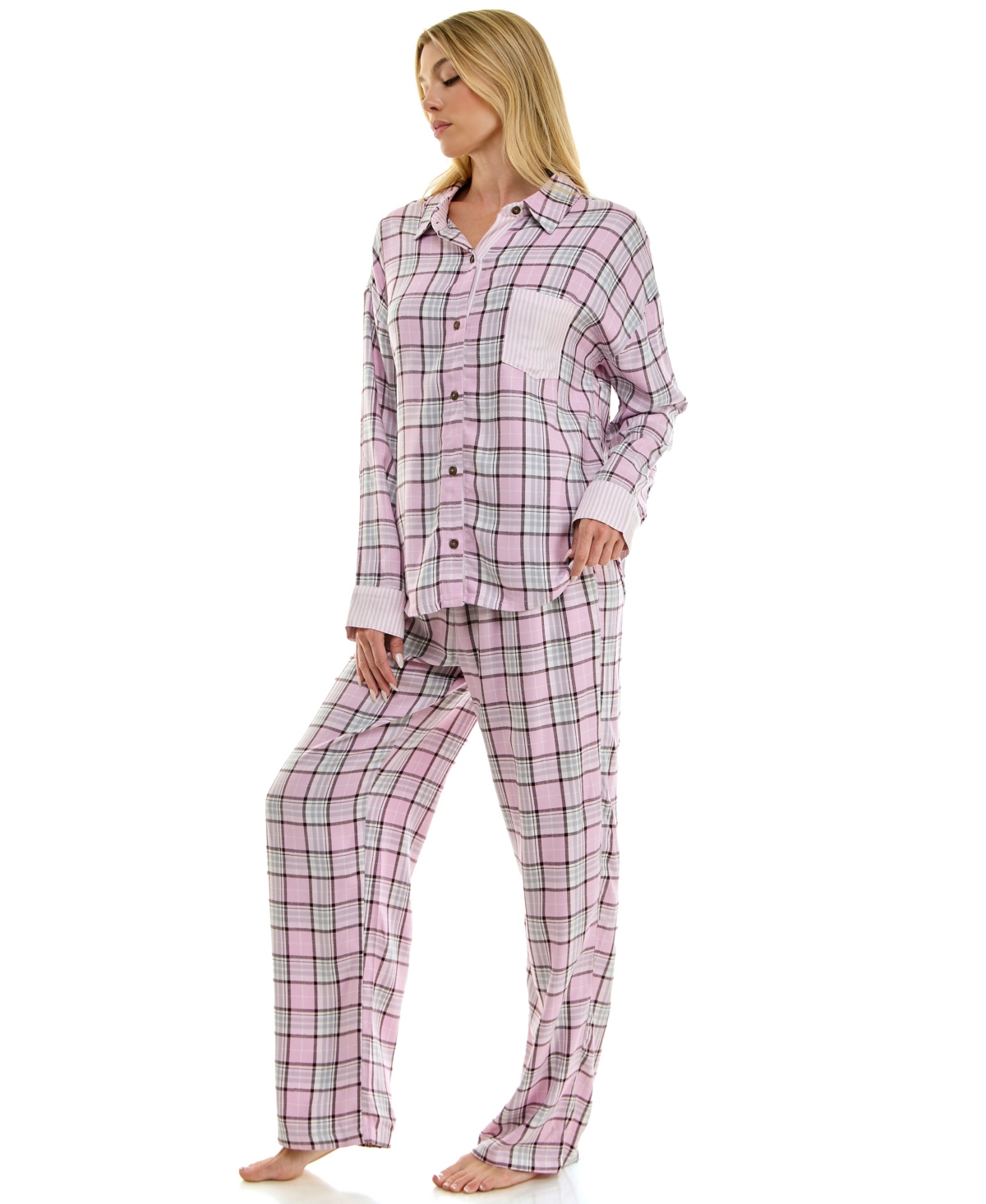 Roudelain Women's Flannel Collared Long-Sleeve Shirt and Pant Pajama Set