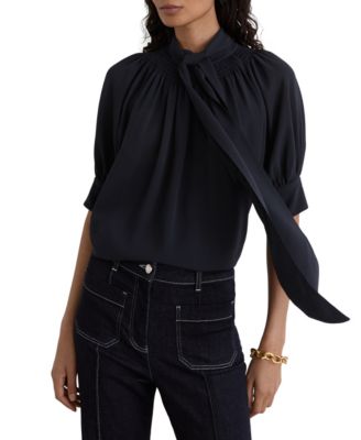 Women's Lerina Tie-Neck Short-Puff Sleeve Crepe Georgette Blouse