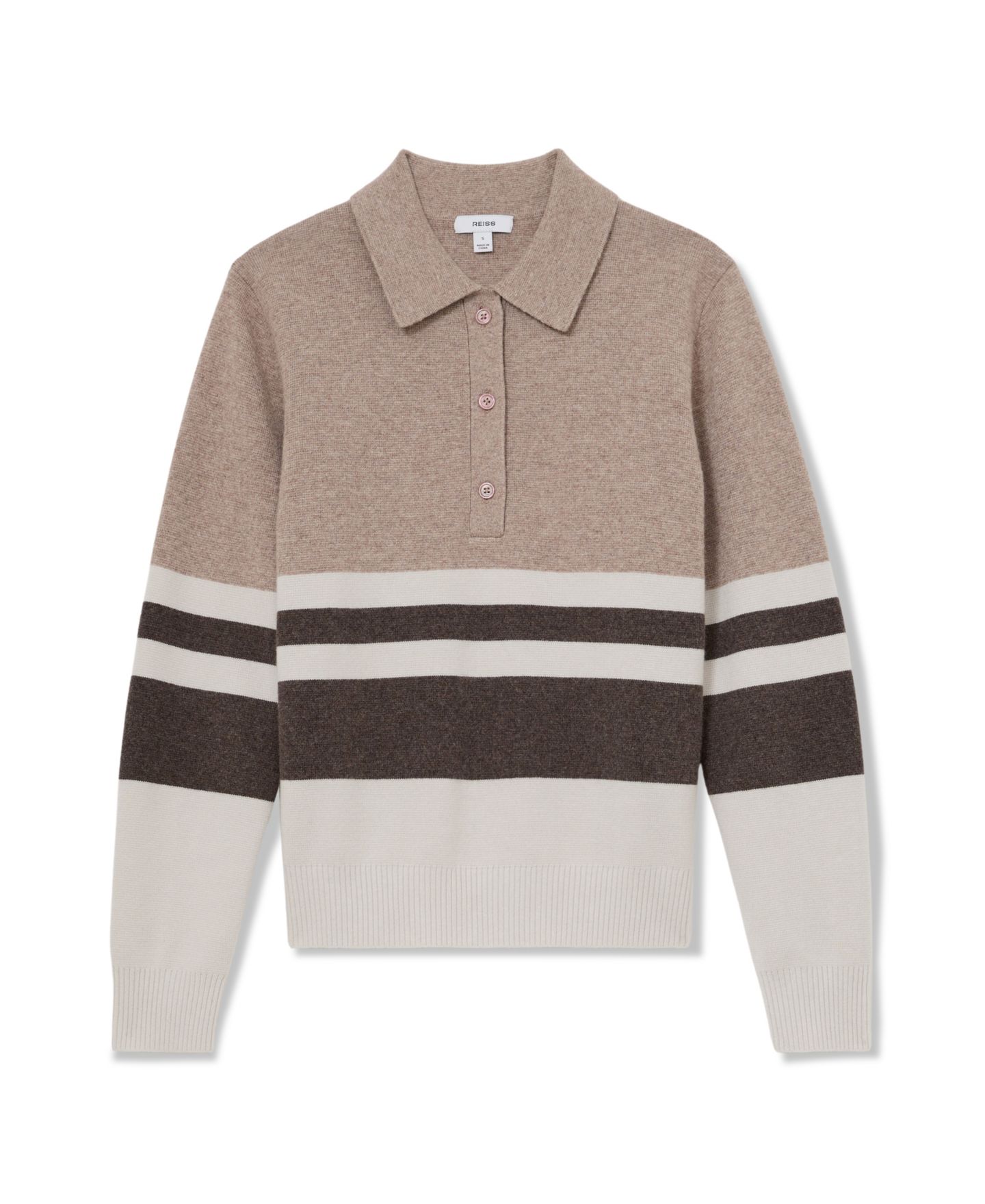 Женское поло REISS Bronte Rugby-Stripe Wool-Blend Long-Sleeve Polo with Cashmere, цвет: Нейтральный — фото 5