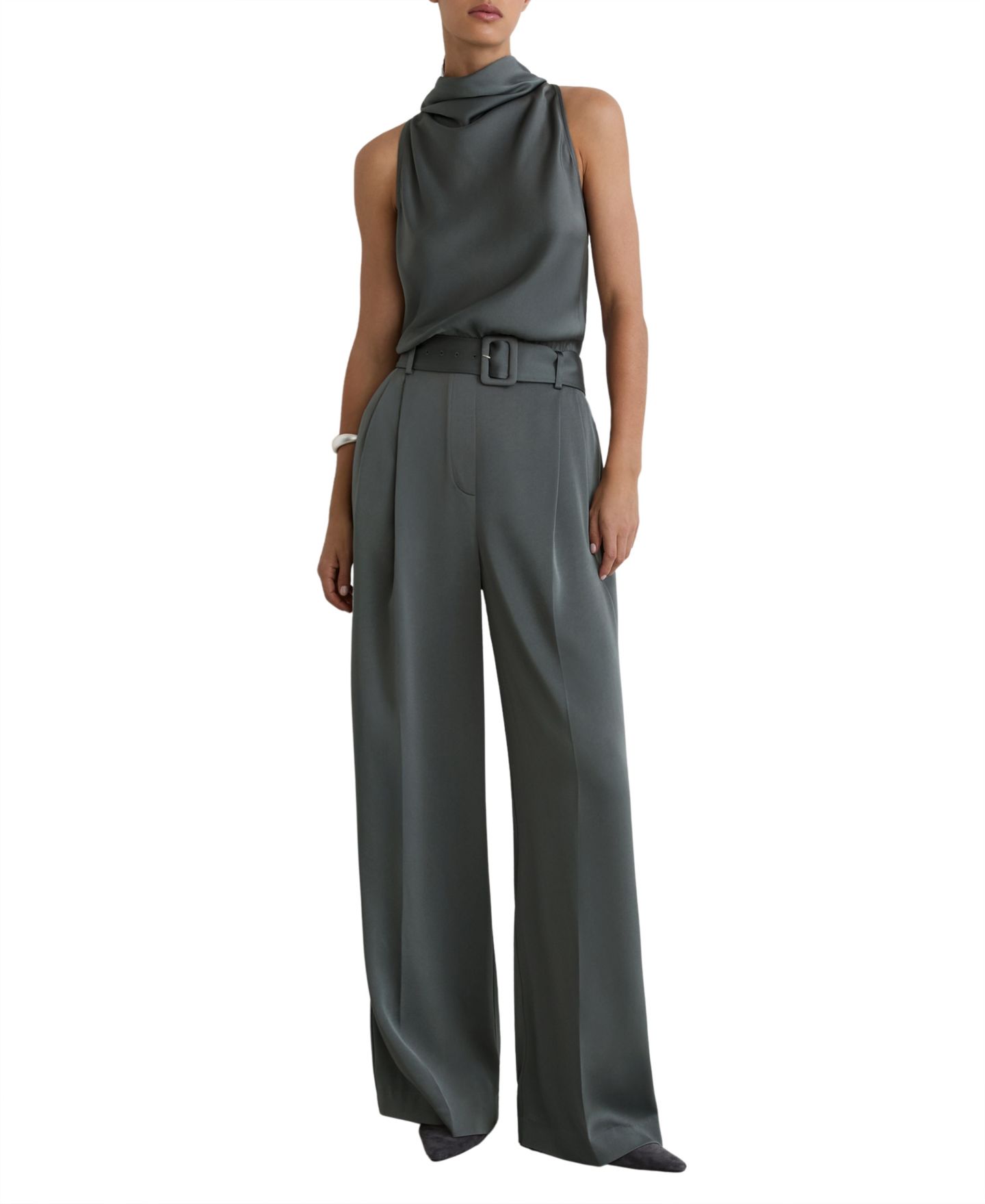 Женский комбинезон REISS Erica Satin Cowl-Neck Wide-Leg Jumpsuit, цвет: Тёмный серый — фото 1