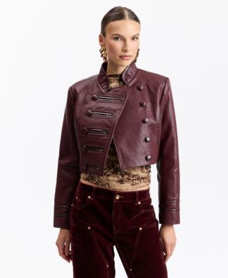 Women's Double-Breasted Military-Style Cropped Faux Leather Jacket