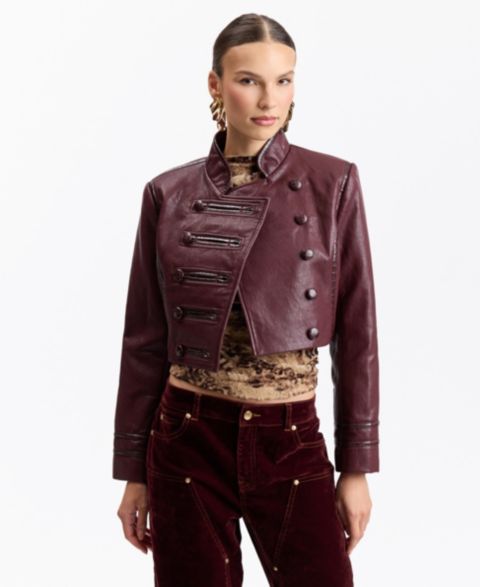 Женская куртка Avec Les Filles Double-Breasted Military-Style Cropped Faux Leather, цвет: Винный