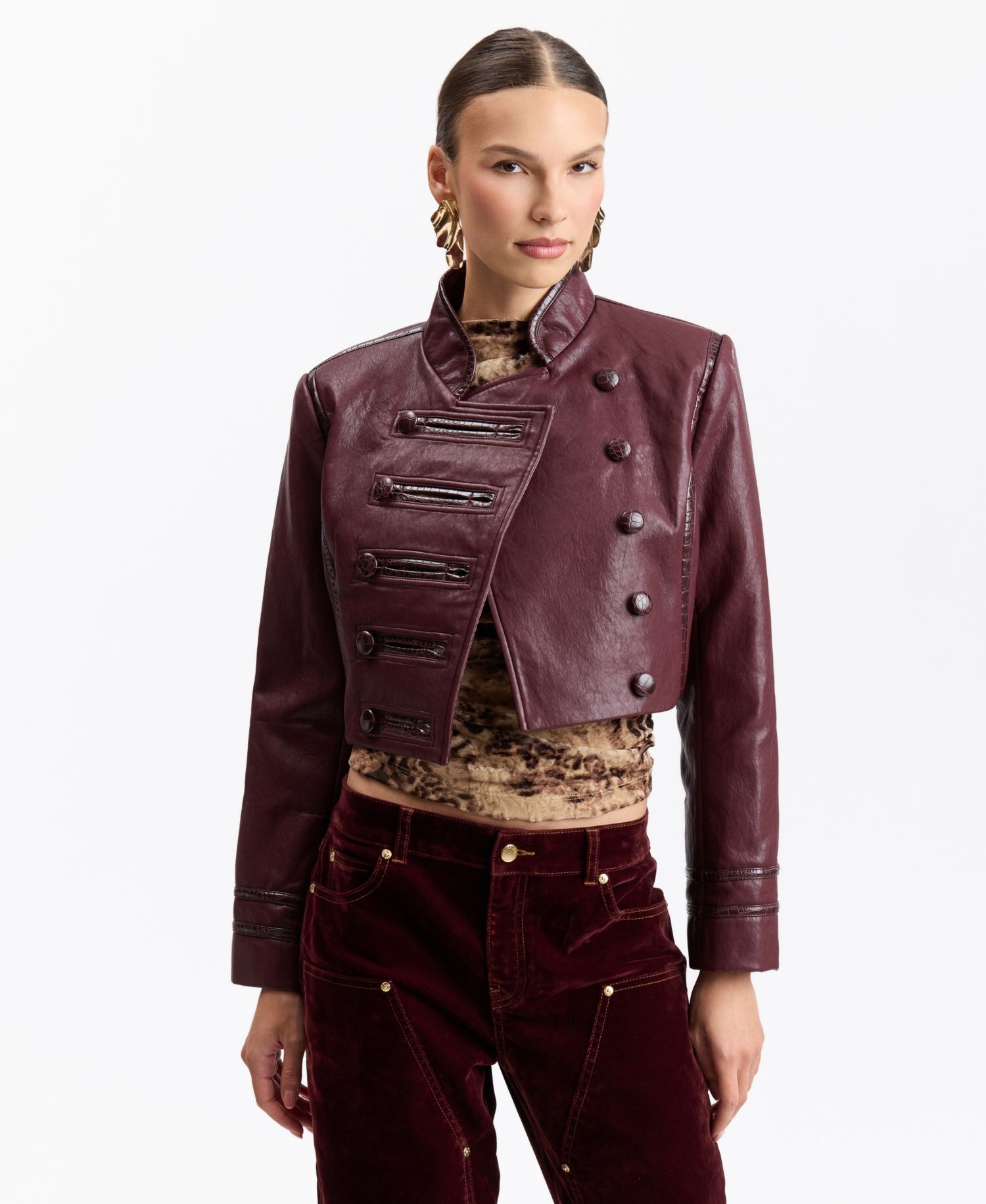 Women's Double-Breasted Military-Style Cropped Faux Leather Jacket