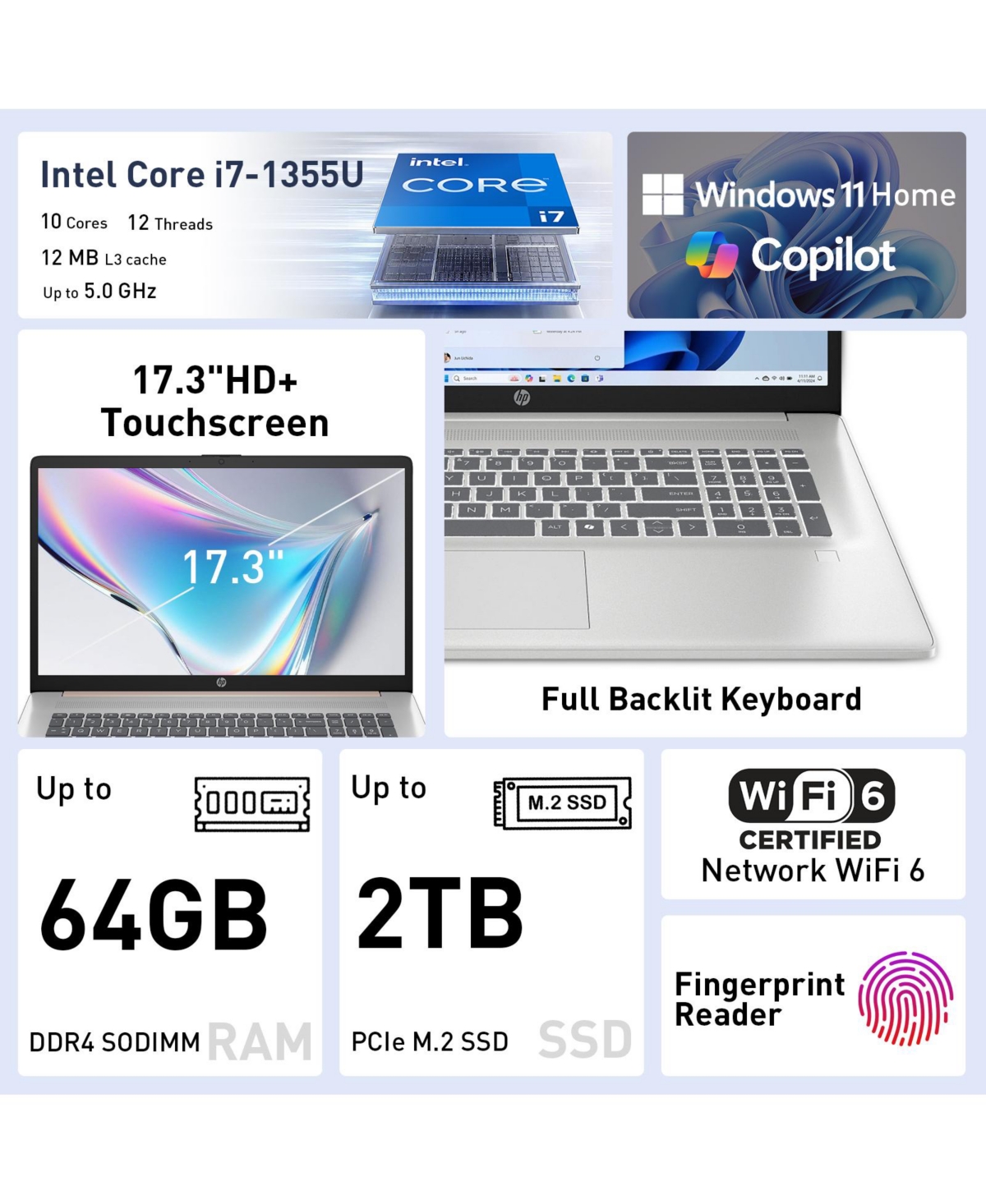 Hp Essential 17.3" Hd+ Touchscreen Laptop, Intel Core i7-1355U, Intel Uhd Graphics, 32GB Ram, 1TB Ssd, Wi-Fi 6, Windows 11 Home, Silver