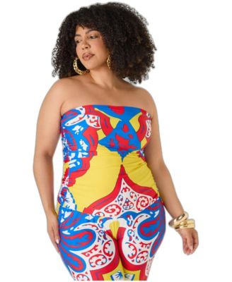 Plus Size Printed Ruched Strapless Tube Top