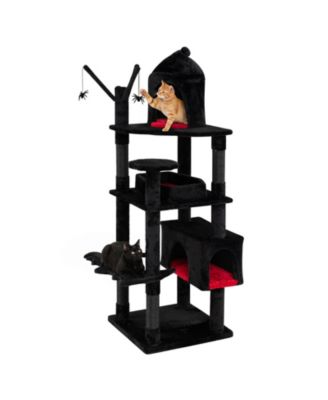 Gothic Cat Tree 70 Inch Cat Tower With Castle House Coffin Bed Spider Hanging Balls