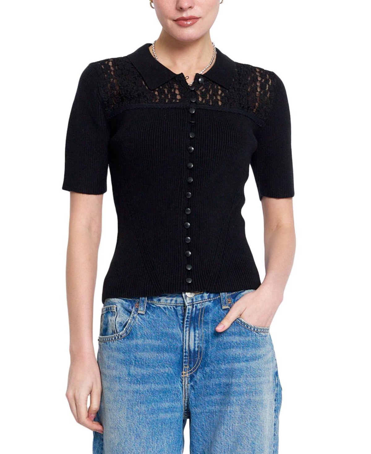 Central Park West Women's Lace Short-Sleeve Button-Up Sweater
