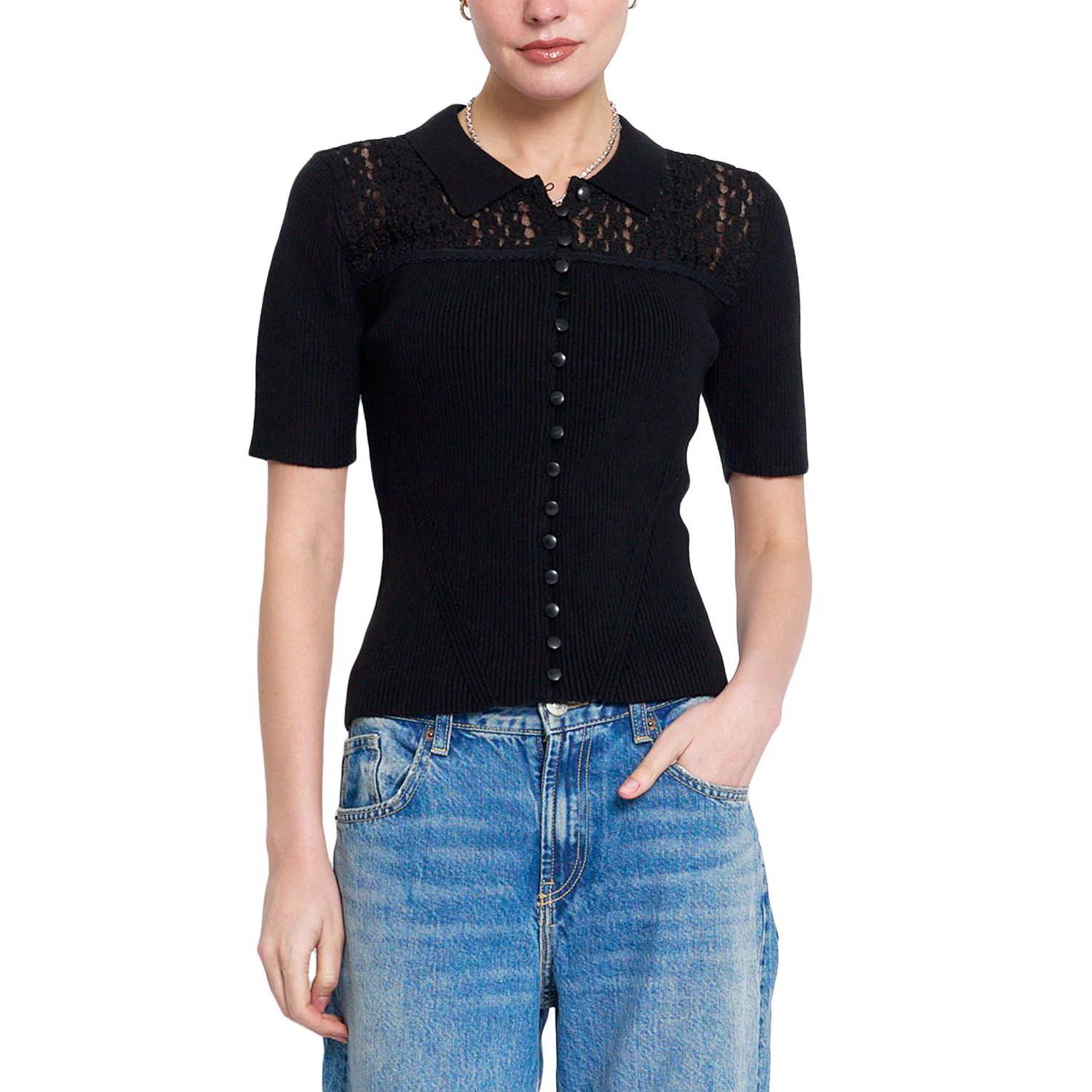 Women's Lace Short-Sleeve Button-Up Sweater