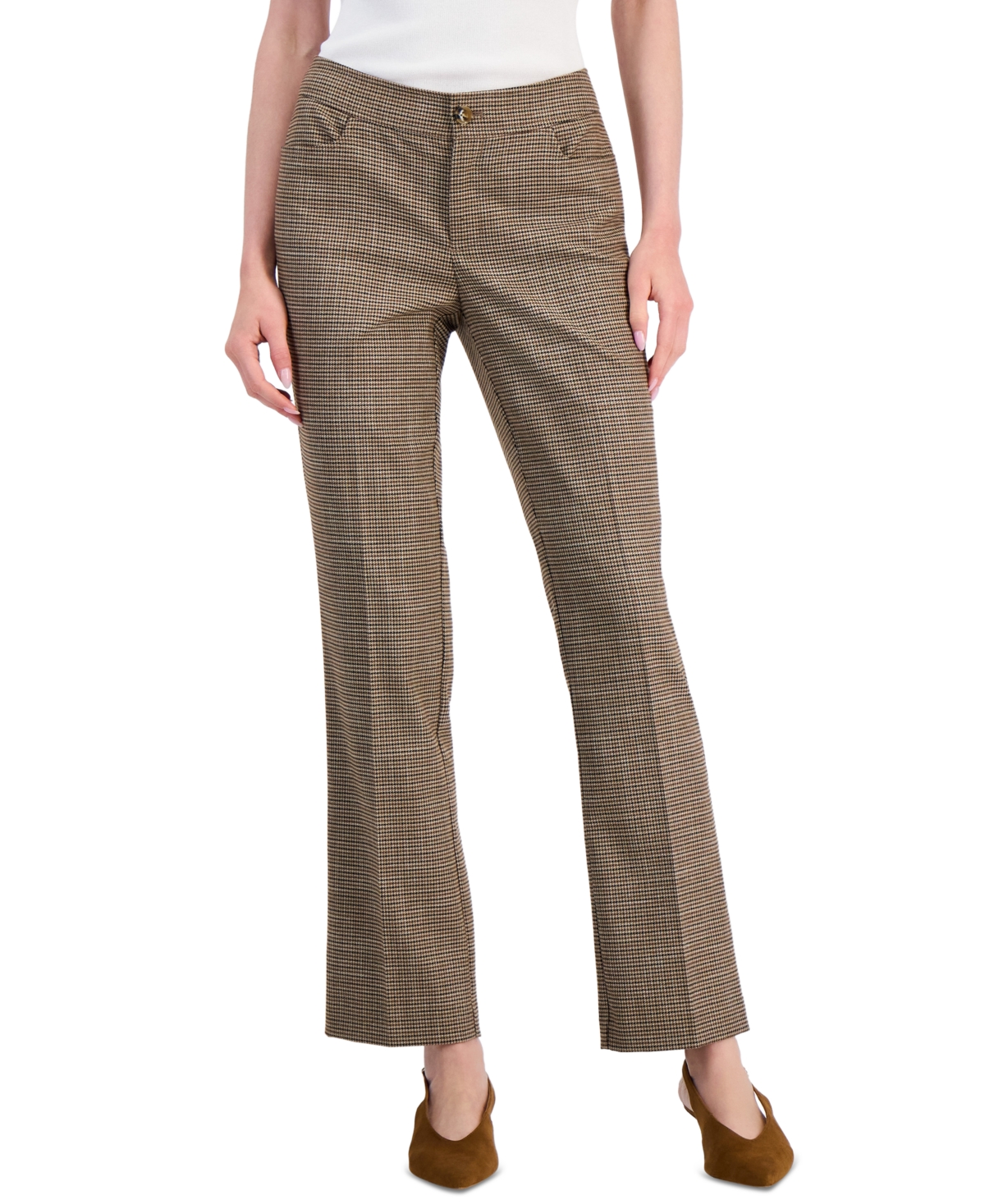Anne Klein Women's Plaid Mid-Rise Bootcut Pants - Vicuna Multi