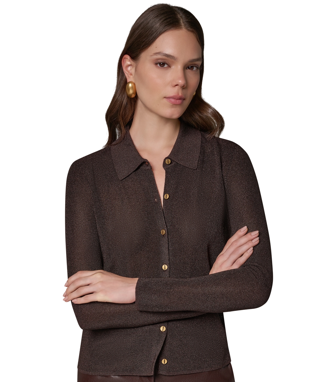 Donna Karan New York Petite Long-Sleeve Metallic-Knit Polo