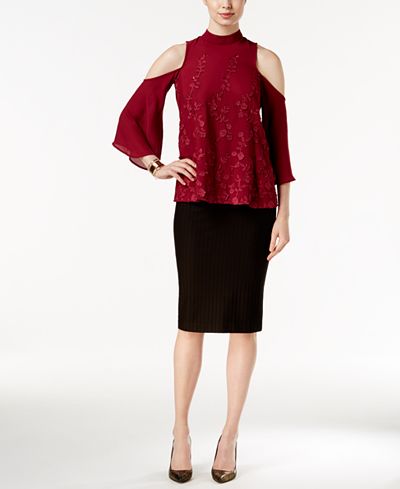 ECI Cold-Shoulder Lace Top & Textured Pencil Skirt