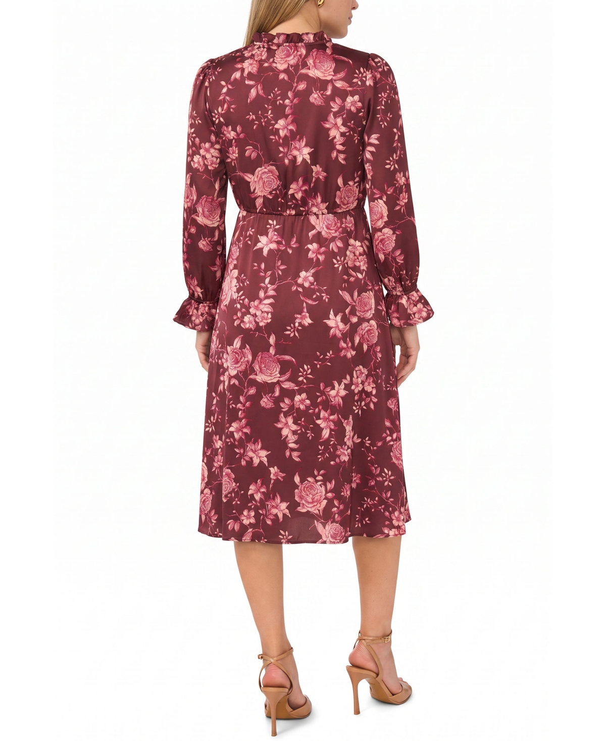 Msk Petite Tie Neck Satin Midi Floral A-Line Dress