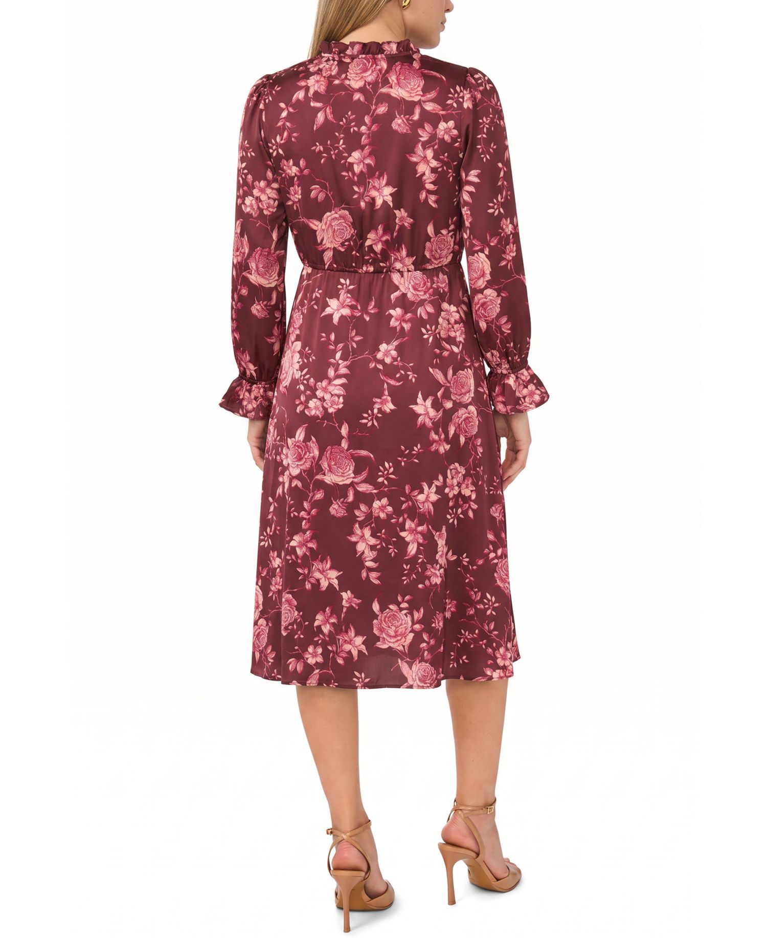 Petite Tie Neck Satin Midi Floral A-Line Dress