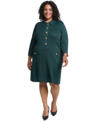 Plus Size Knit Button-Front Collared Sweater Dress