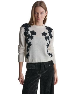 Women's Oversized Floral-Applique Crewneck Long-Sleeve Sweater