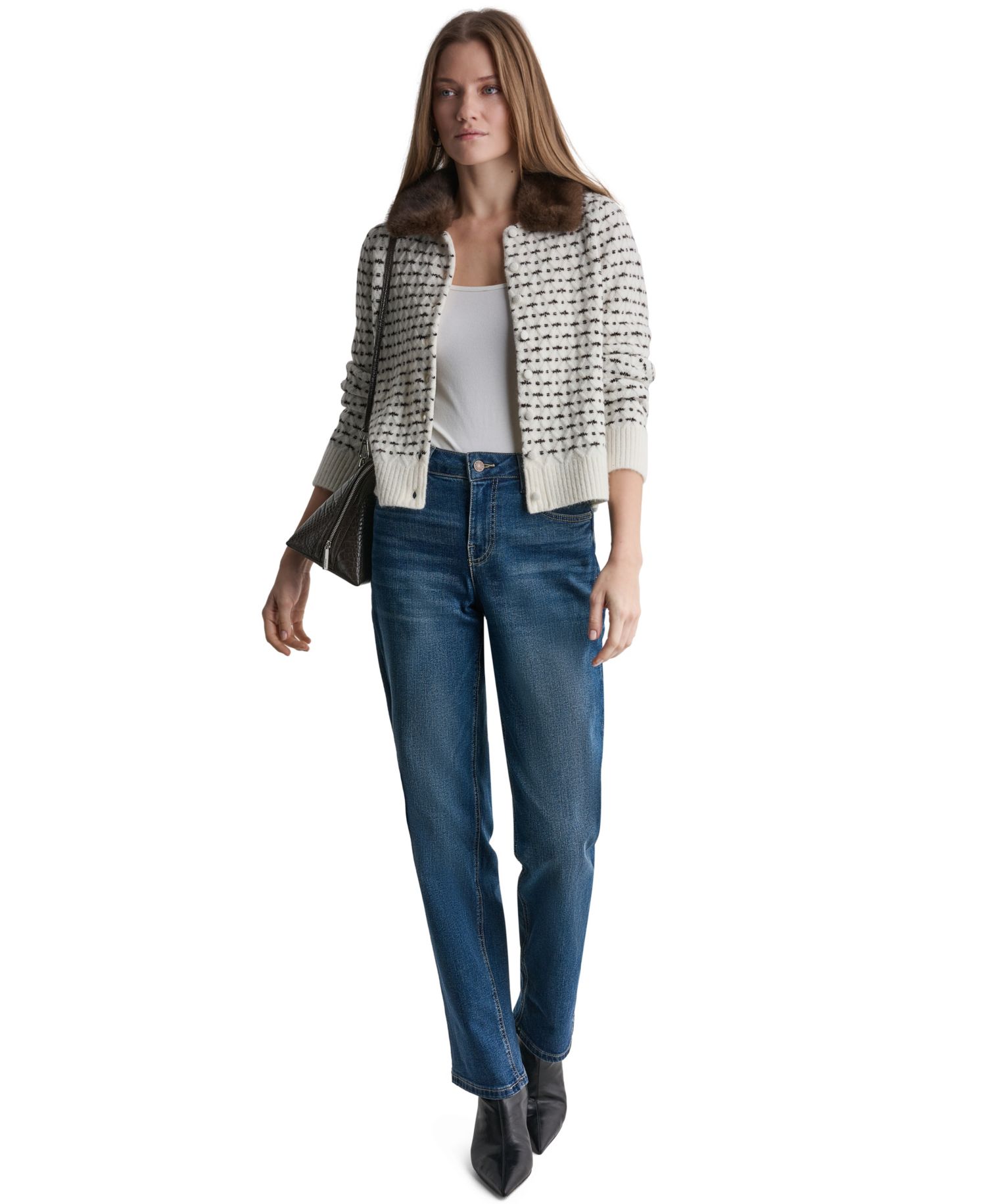 Women's Long-Sleeve Faux Fur Collar Cardigan
