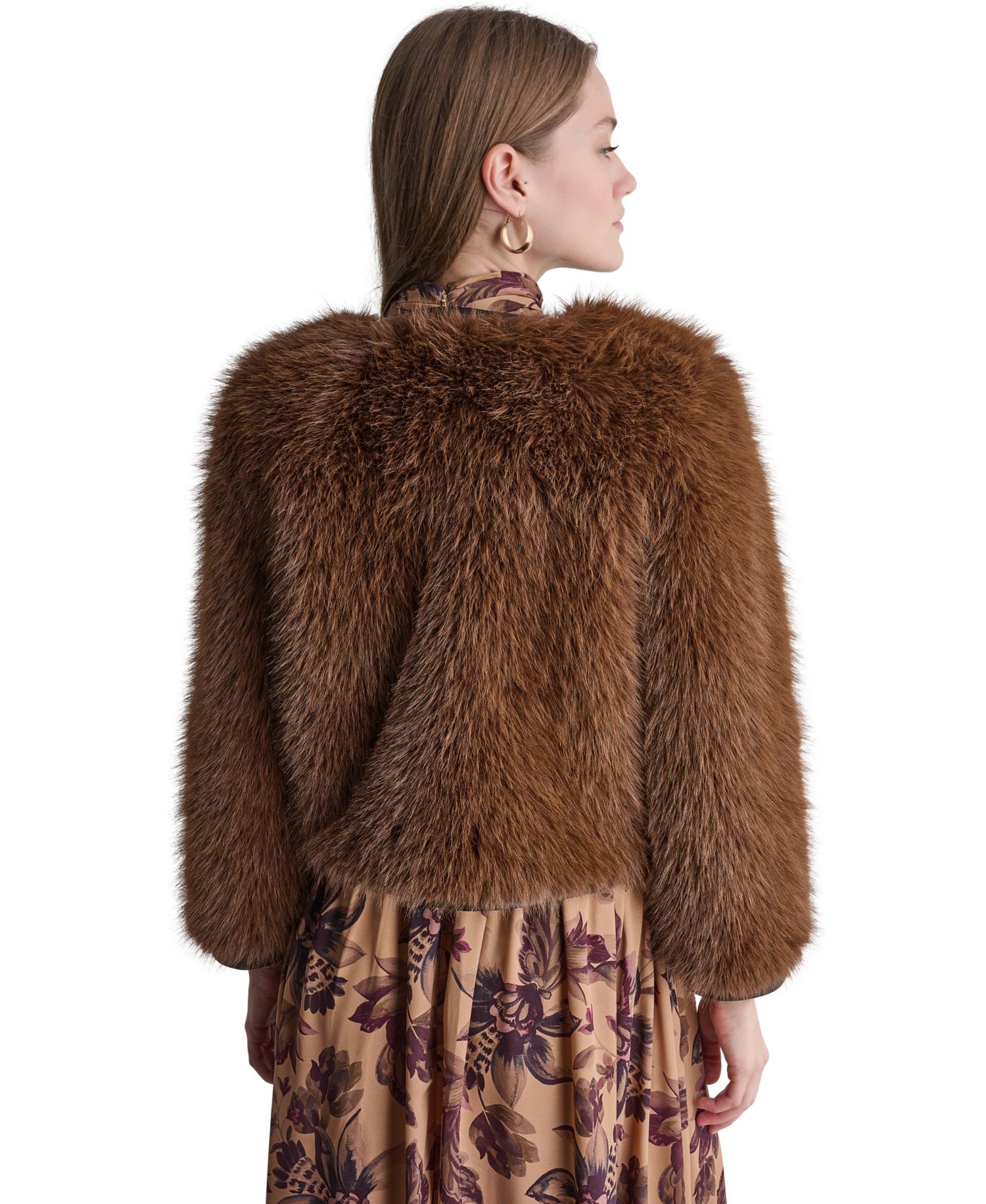 Women's Cropped Faux Fur Jacket with Faux Leather Trim