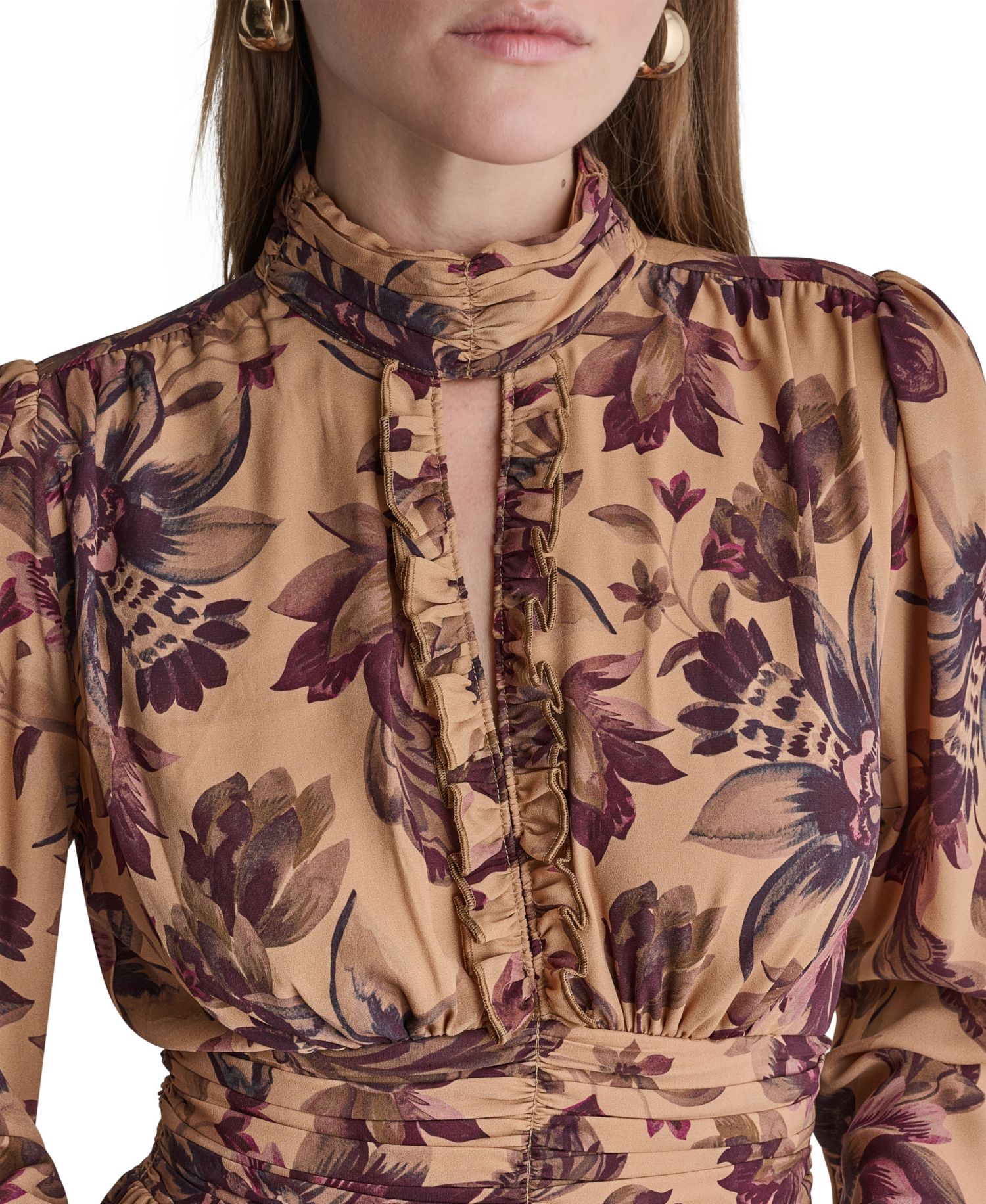 Women's Long Sleeve Floral-Print High-Neck Maxi Dress