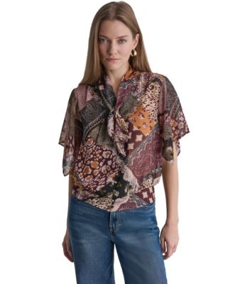 Women's Bow Neck Mixed Print Short-Sleeve Blouse