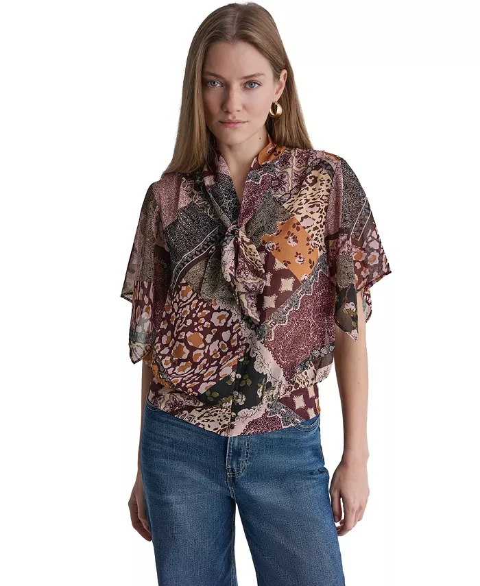 Women's Bow Neck Mixed Print Short-Sleeve Blouse