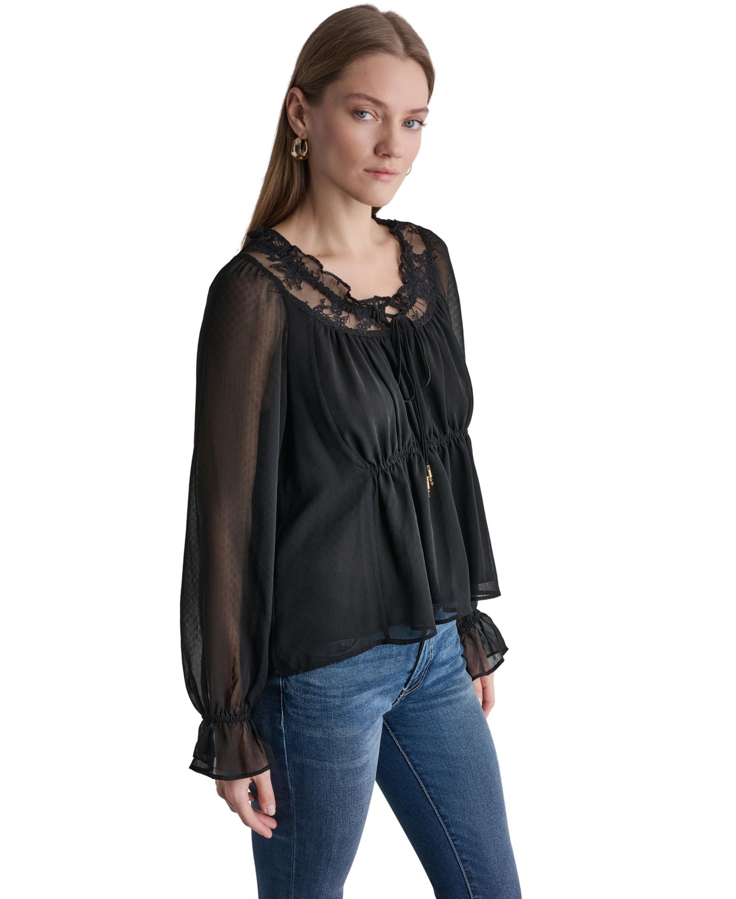 Women's Scoop Neckline Lace-Trim Long-Sleeve Blouse