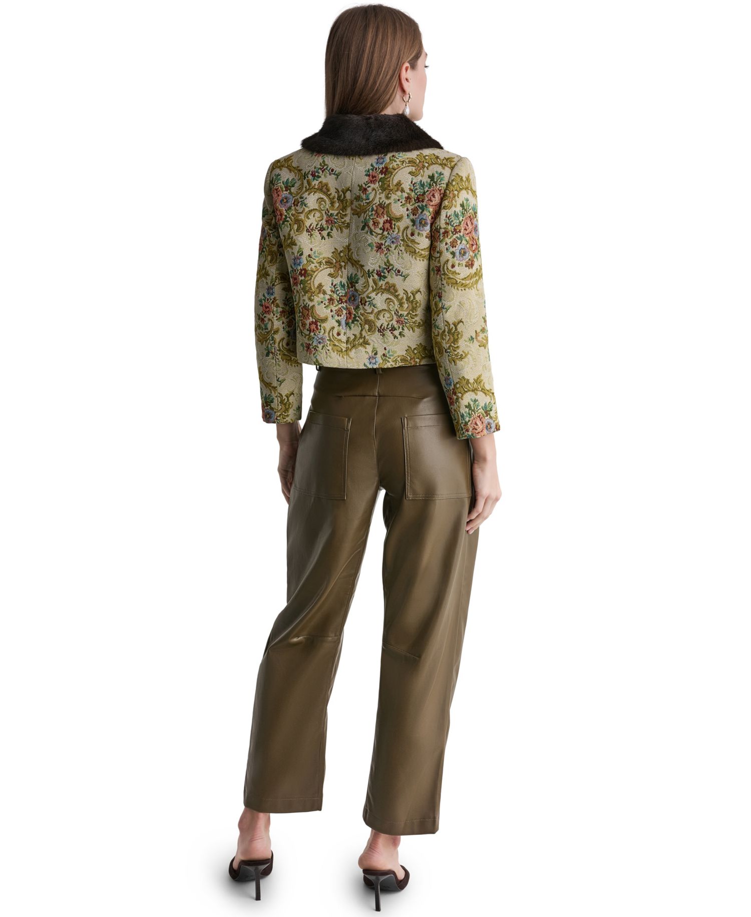 Women's Tapestry Faux-Fur-Collar 3/4-Sleeve Jacket